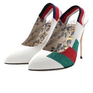 Gucci White Sylvie Slingback Heels Red/Green Glitter Size 38 Worn 2x
